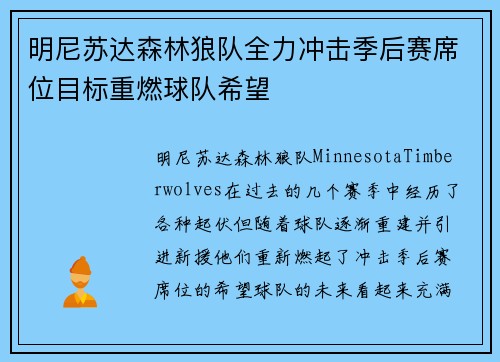 明尼苏达森林狼队全力冲击季后赛席位目标重燃球队希望