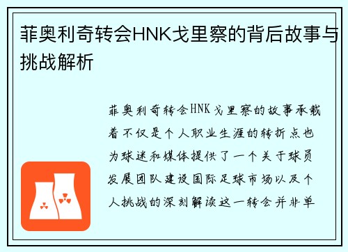 菲奥利奇转会HNK戈里察的背后故事与挑战解析